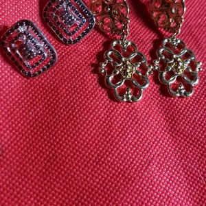 Clip-On Earrings, Silver-Tone Square with Rhinestones and Gold-Tone Filigree Design, See Photos for