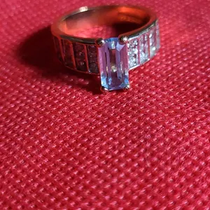 14K Yellow Gold Ring (Unverified) with Emerald-Cut Blue Topaz and Channel-Set Diamonds, Size 7.5 Mar