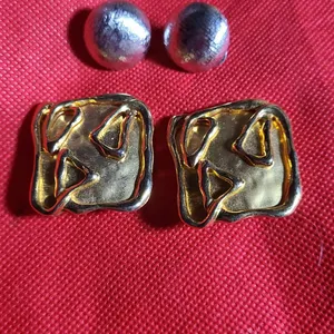 Monet Signed Silver-Tone Round & Abstract Gold-Tone Square Clip-On Earrings, Two Pairs, c. Late 20th