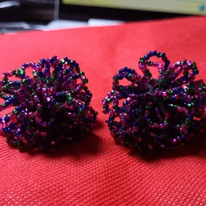 Mid-Century Multicolor Beaded Floral Clip-On Earrings, Handcrafted Design, 1 Inch Diameter Each