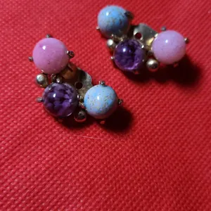 Clip-On Earrings Featuring Pink, Blue, and Purple Glass Cabochons on Gold-Tone Setting, Made in Chin