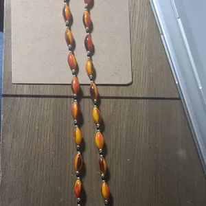 Polished Barrel-Shaped Bead Necklace with Brown, Yellow, and Orange Beads, Silvertone Spacers, 62cm