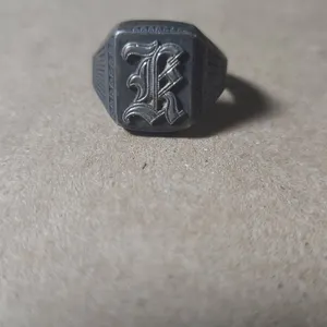 Sterling Silver Signet Ring (Unverified) with Gothic 'K' Monogram, Size 10, Geometric Detailing on S