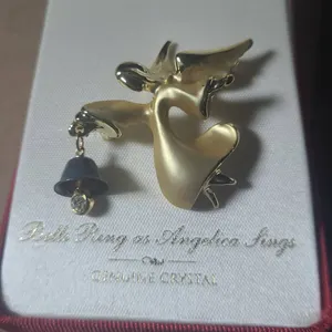 Louis Giosetti Angel Pin W/Bell Dangle, Signed Accessocraft, Genuine Crystal, 1988, Boxed USA-Made