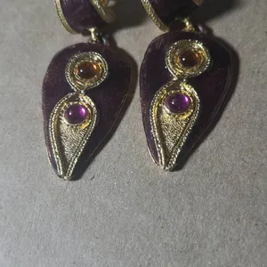Gold Tone and Purple Enamel Clip-On Earrings with Cabochon Accents, Modern Design