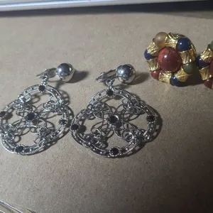 Liz Claiborne Multicolor Gold Tone Clip-On Earrings & Filigree Silvertone Black Stone Pair Lot 2 Set