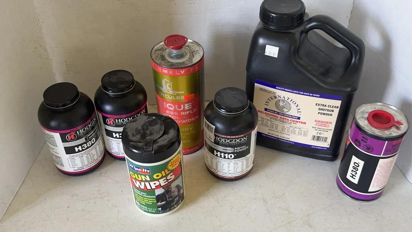 Assorted Gun Powder Containers and Gun Oil Wipes Lot