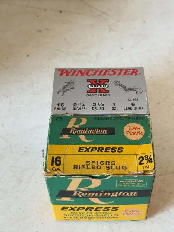 Winchester Super-X and Remington Express 16 Gauge Ammunition Boxes with Shells