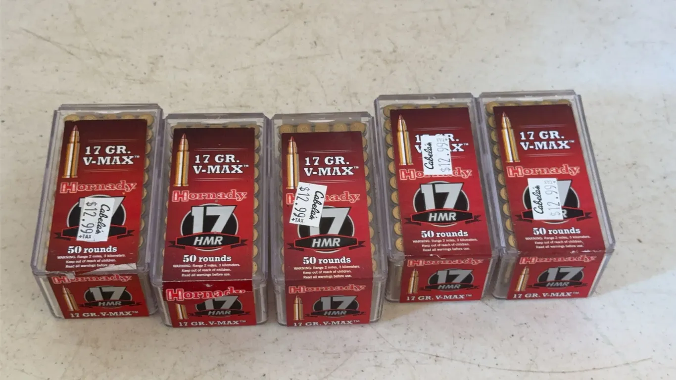 Lot of Five Hornady 17 HMR 17 Grain V-MAX Ammunition Boxes