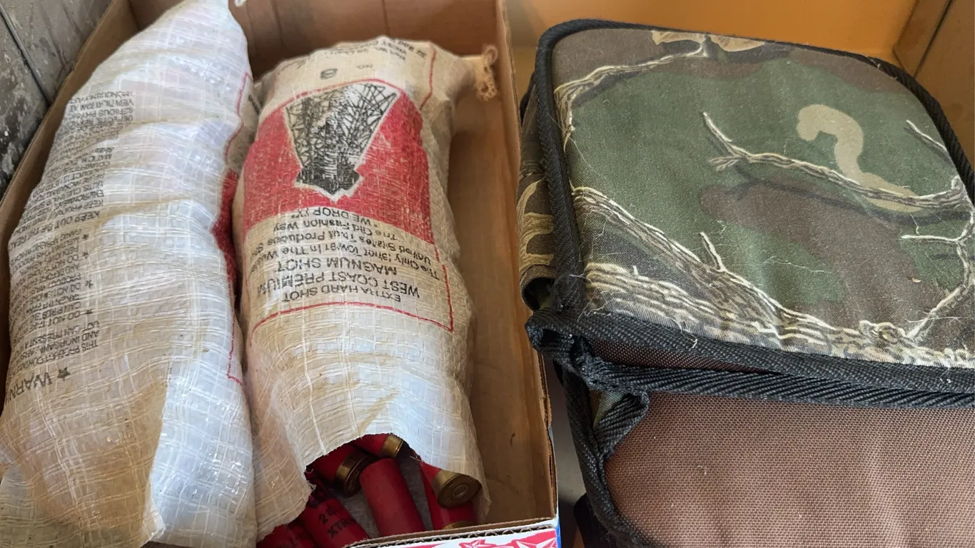 Assorted Spent Shotgun Shell Hulls and Camouflage Carrying Pouch