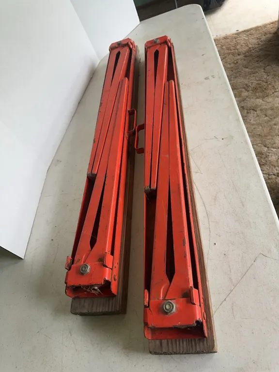 Pair of Folding Metal Sawhorse Legs Mounted on Wood Bases