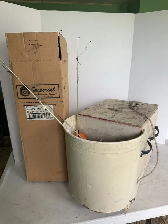 Vintage Handmade Wooden Ice Fishing Box and Ice Fishing Rods Lot
