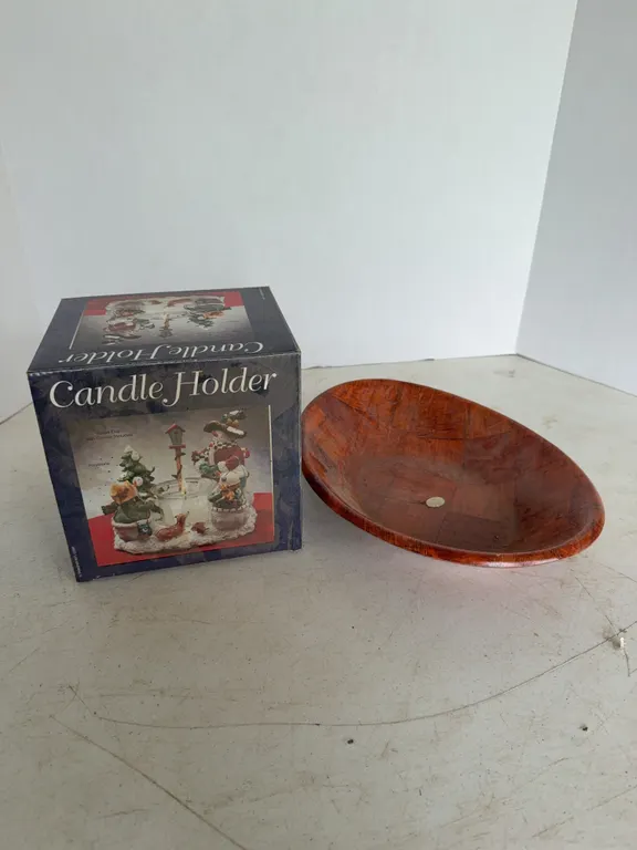 Snowman Polystone Votive Candle Holder and Woven Wood Serving Bowl Lot