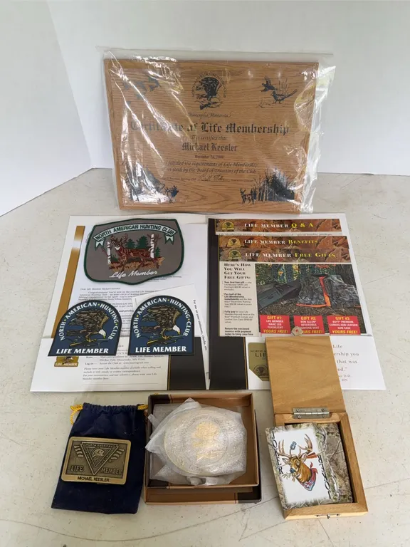 North American Hunting Club Life Member Plaque Buckles Cards Lot