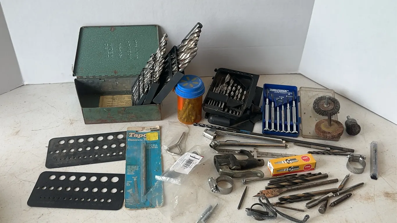 Hanson Metal Drill Index Box With Bits and Assorted Hand Tools Lot