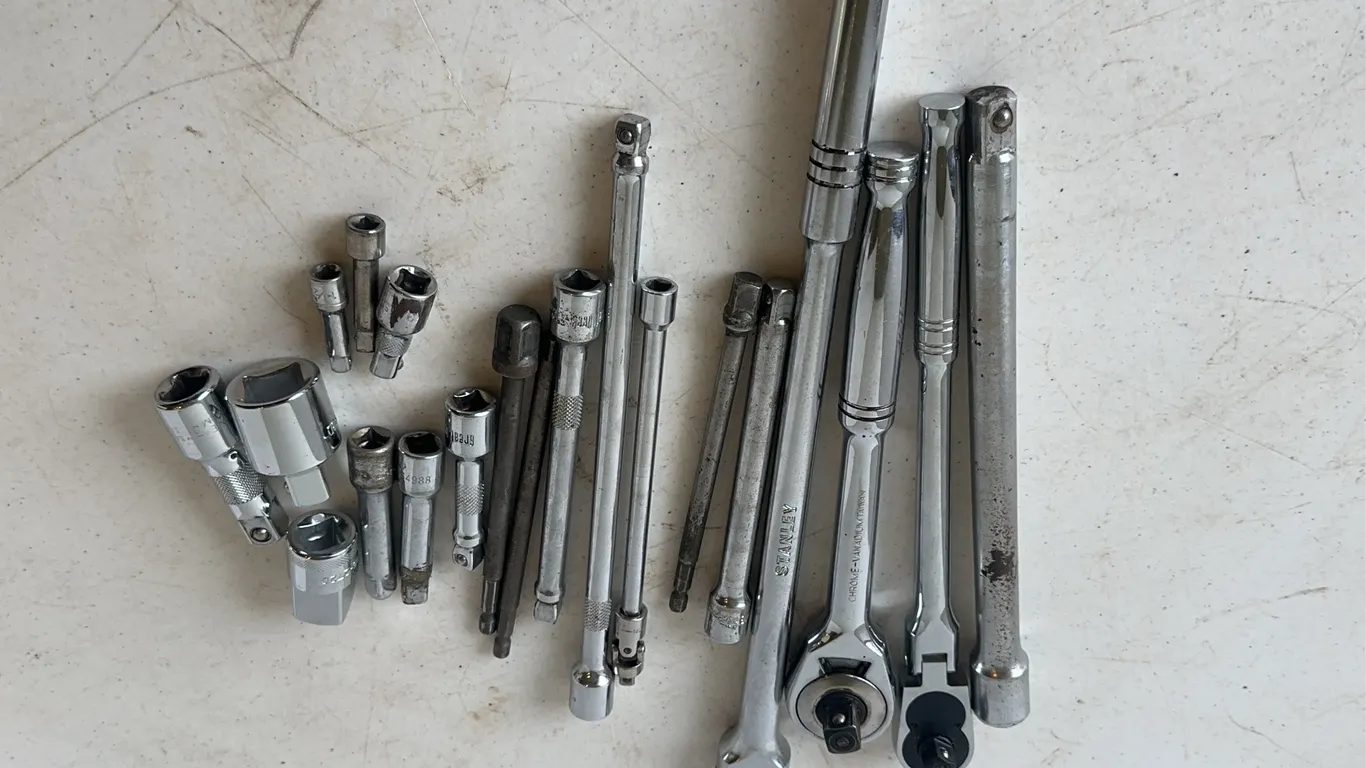 Assorted Hand Tool Lot Stanley Ratchets Sockets Utility Knives Multimeters