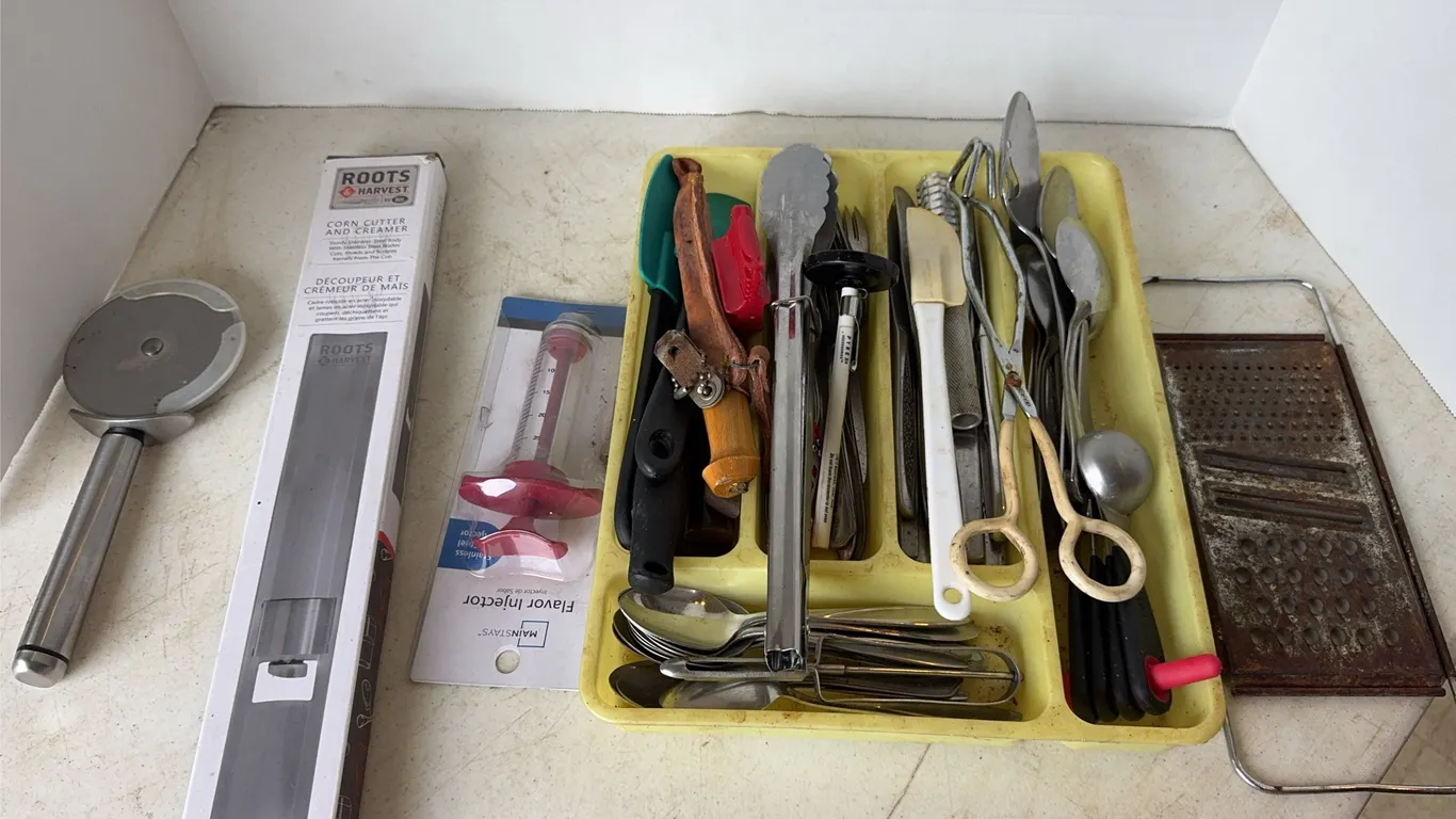 Assorted Kitchen Utensils Flatware Lot Including Corn Cutter Grater Injector