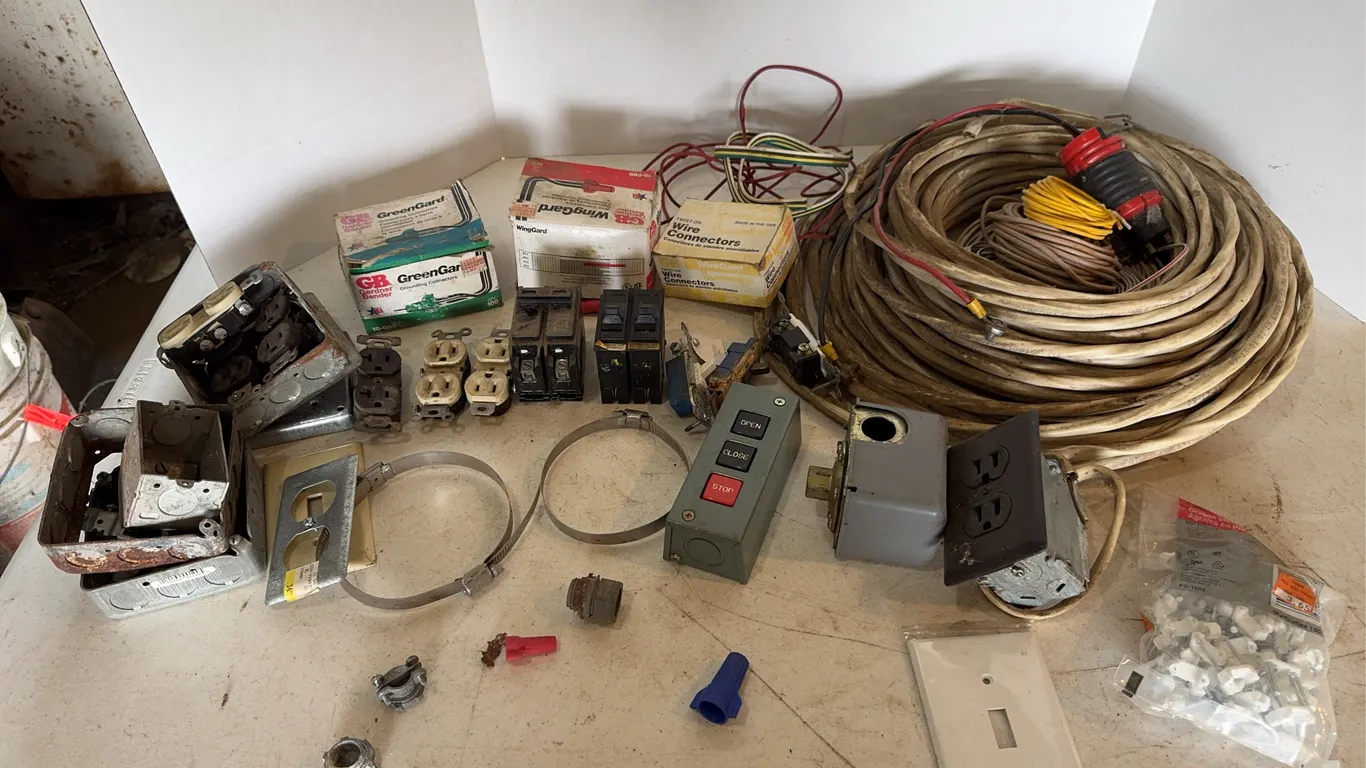 Assorted Electrical Hardware Lot Wiring Connectors Outlets Breakers Cable