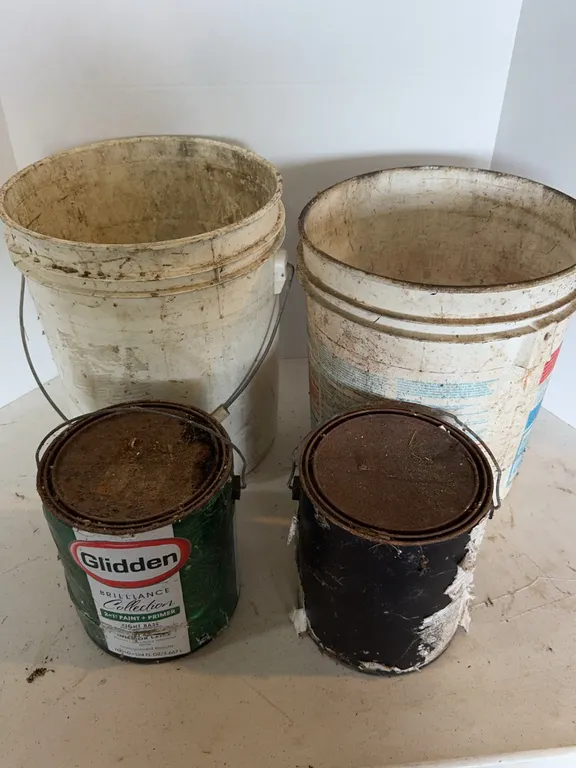 Plastic Utility Buckets Paint Cans and Assorted Hardware Supplies Lot