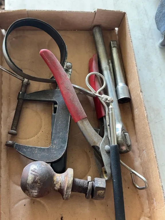 Assorted Hand Tools Cincinnati Tool Co Clamp Trailer Hitch Ball And Accessories