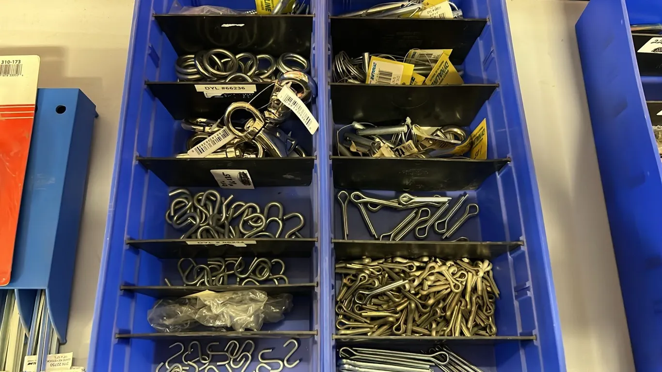 2 TRAYS - NEW/UNUSED ASSORT PINS, COTTER PINS, HOOKS, SNAPS, RINGS & MORE
