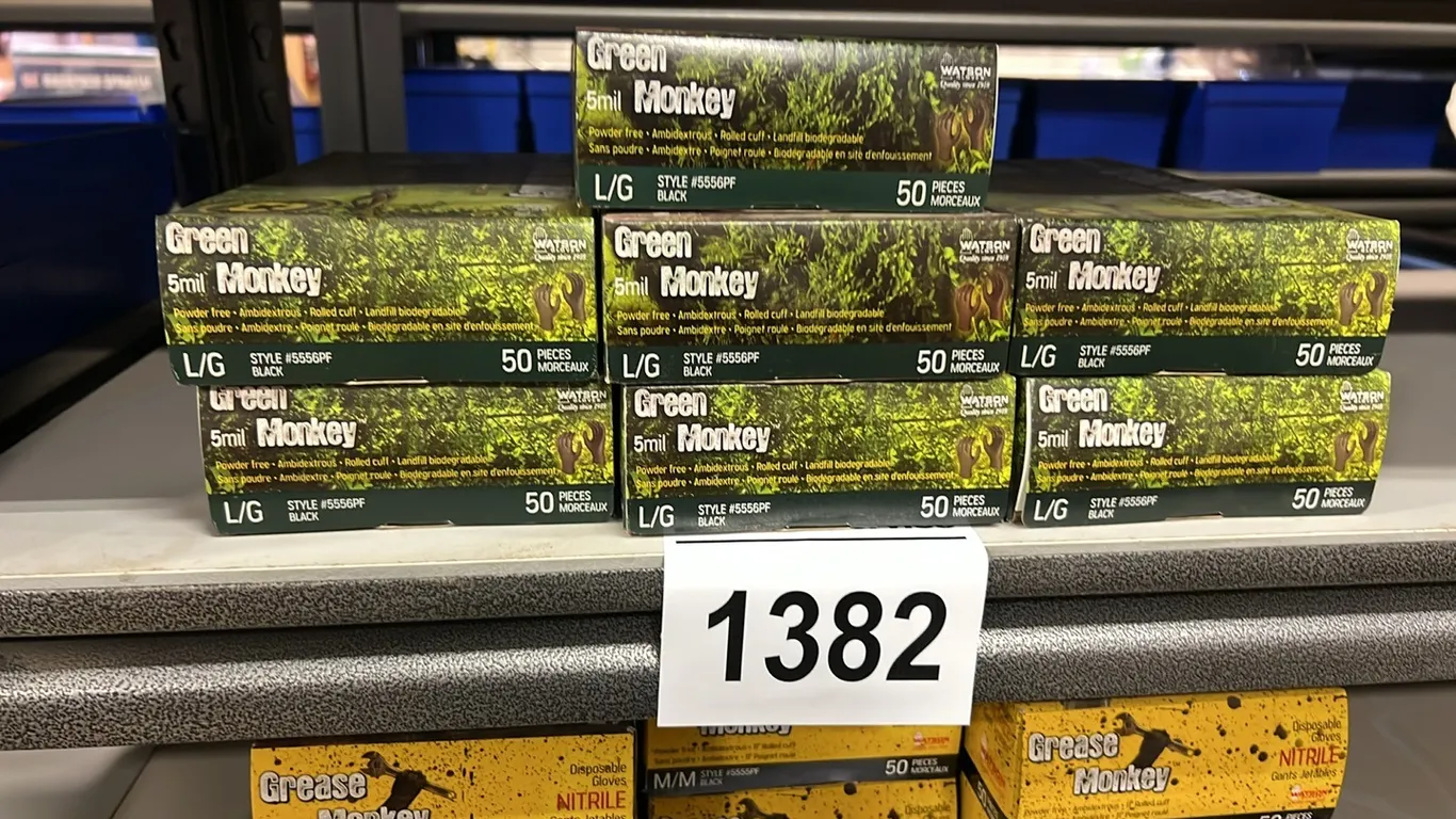 7 BOXES OF NEW/UNUSED 50 GREEN LARGE MONKEY BIODEGRADABLE SINGLE USE GLOVES