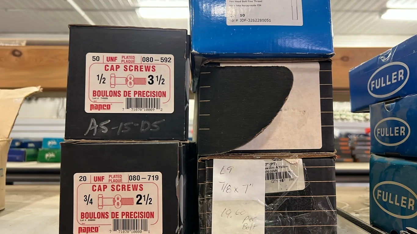 4 - NEW/UNUSED BOXES ON TOP SHELFOF VARIOUS GRADE 8 FINE THREAD BOLTS & 1 - BOX OF METRIC FINE THREAD BOLTS