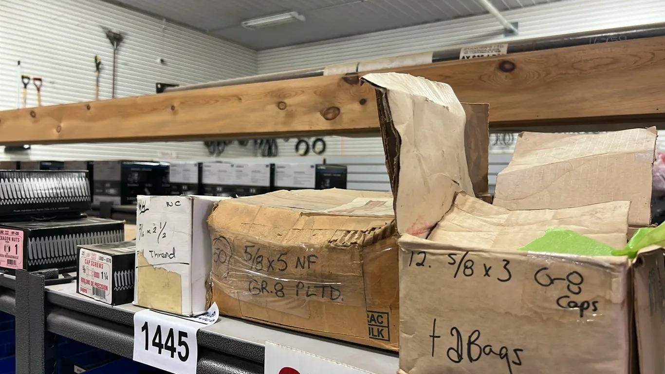3 - NEW/UNUSED BOXES ON TOP SHELF INCLUDING GRADE 8 FINE THREAD BOLTS & 1 - BOX OF METRIC COASE BOLTS