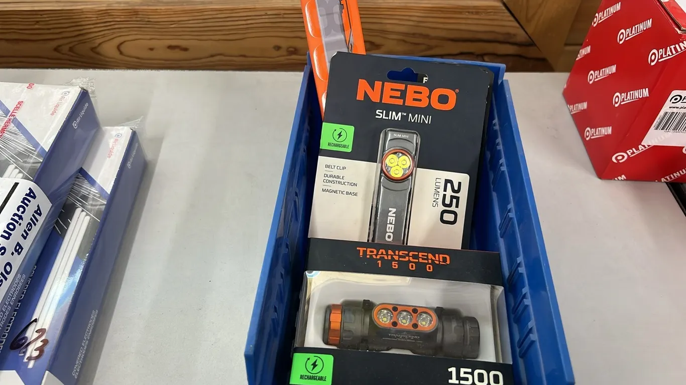 NEW/UNUSED TRAY w/ 3 - ASSORTED FLASHLIGHTS & HOLSTERS