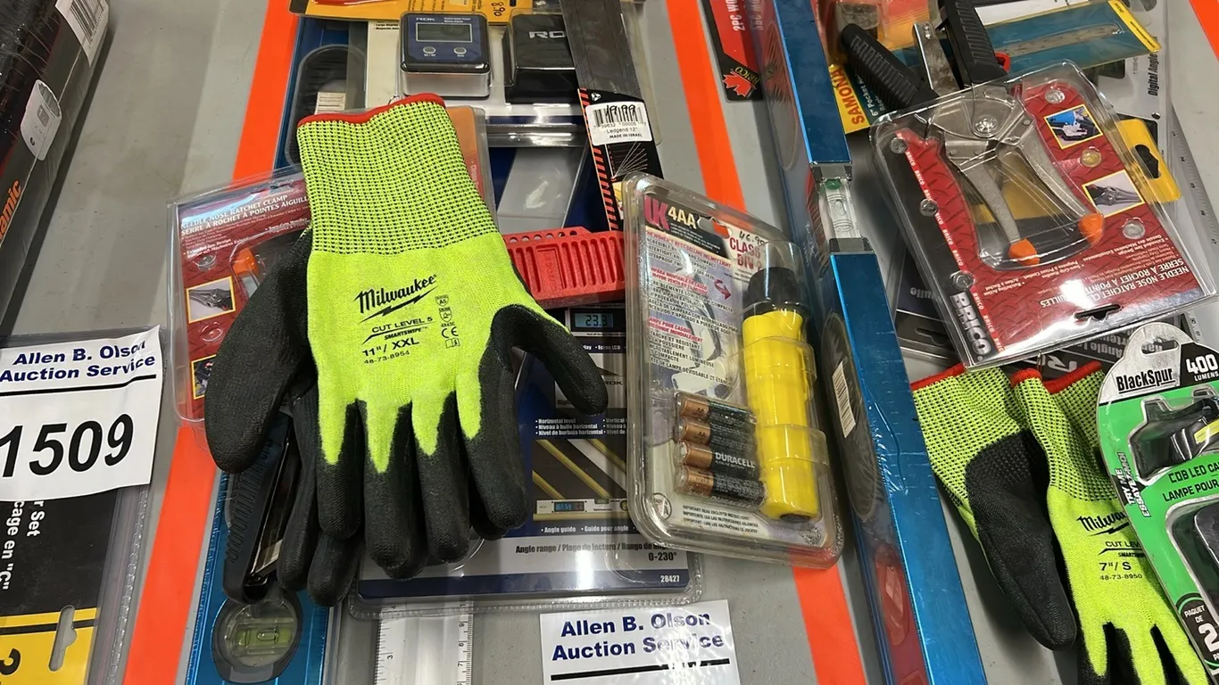 NEW/UNUSED DIGITAL ANGLE LEVEL, 24" ALUMINUM RULER, XXL GLOVES, ALLEN WRENCHES & MORE