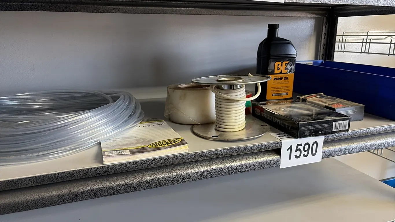 NEW/UNUSED COIL OF 3/8" CLEAR TUBING, REFLECTIVE TAPE, COOPER WIRE, LED LIGHTS, GREASE NIPPLES, DRIVER'S DAILY LOG BOOK & MORE