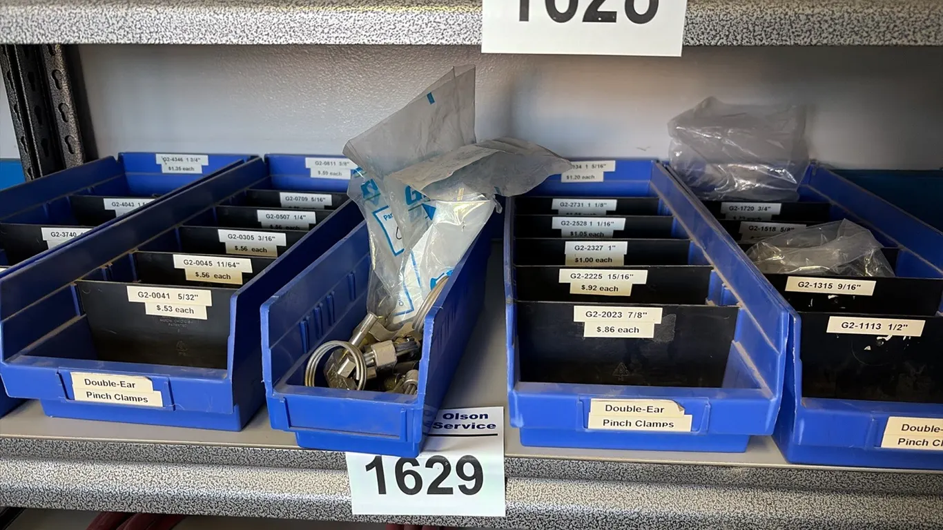 NEW/UNUSED 4 - TRAYS OF DOUBLE EAR PINCH CLAMPS, CAM LOCK EARS & CRIMP CLAMPS