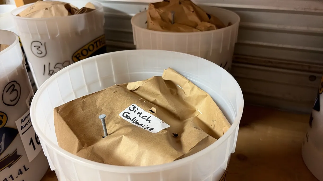 NEW/UNUSED ONE PAIL CONSISTING OF 3 BAGS OF 3" NAILS & ONE PAIL CONSISTING OF 3 BAGS OF 4" NAILS