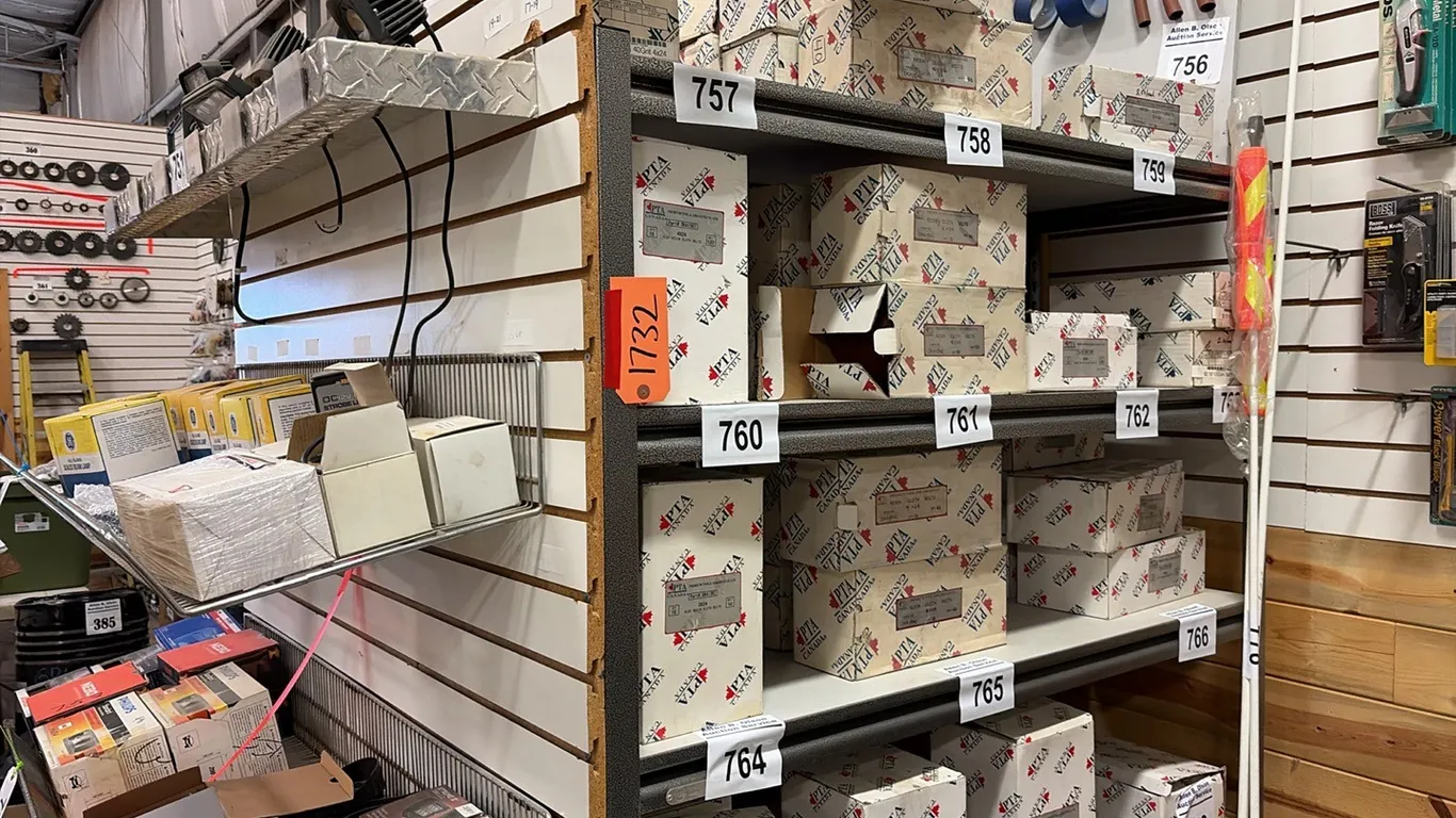 2 SHELVING UNITS CONNECTED BY PEG BOARD w/ RACKS, ONE IS 9 SHELVES, ONE IS 6 SHELVES w/ 3 SCREENED RACKS, 48"L x 18"W