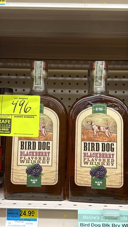 Bird Dog Blackberry flavored whiskey. Features 80 proof, 40% ALC./VOL. 750 mL per bottle. Liquor can only be picked up and removed by the registered b