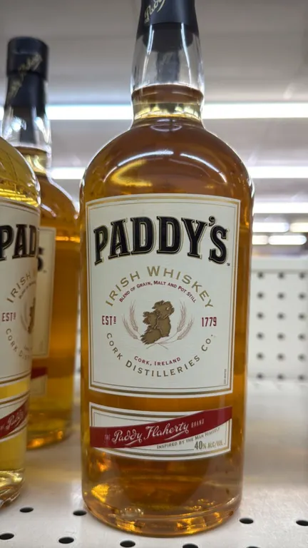 Paddy's Paddy Flaherty Irish whiskey bottles. Features a blend of grain, malt, and pot still triple-distilled Irish whiskey aged a minimum of 3 years.