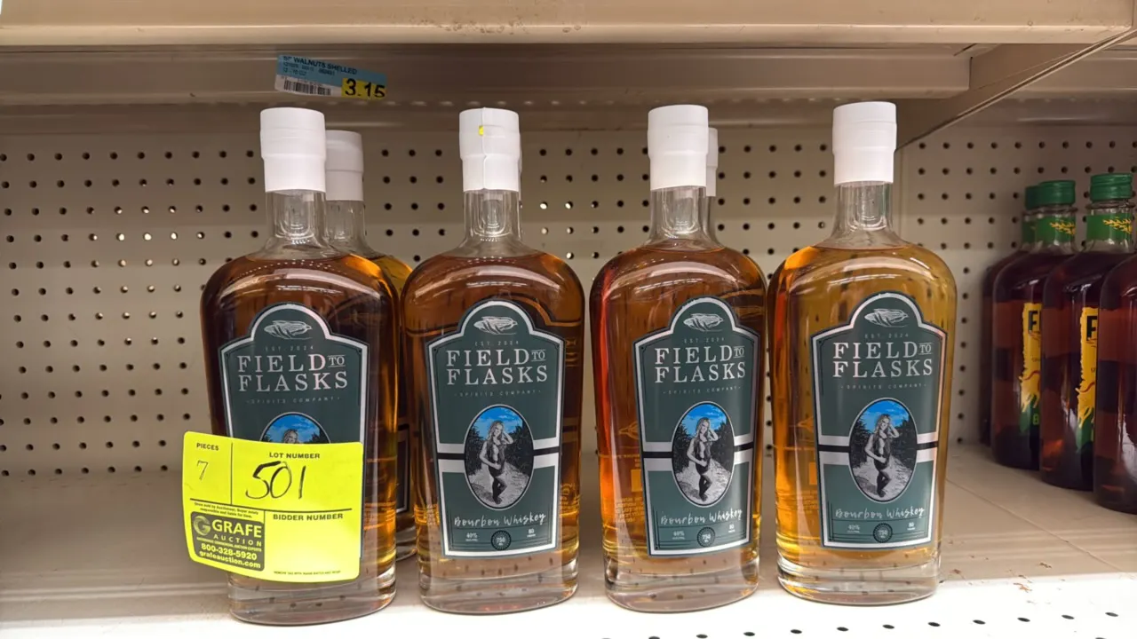 Field to Flasks Spirits Company bourbon whiskey bottles. 750 mL capacity each. 40% ALC/VOL (80 proof). Distilled from grain in Missouri and bottled by