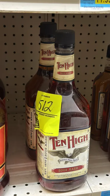 Ten High Sour Mash bourbon whiskey bottles. 1.75L each. 40% ALC/VOL (80 Proof). Bourbon whiskey with natural flavors. Bottled by Barton Distilling Com