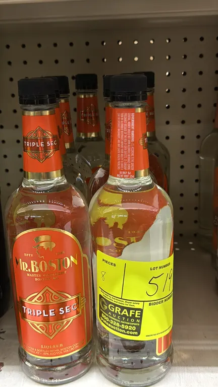 Mr. Boston Master Mixologist Triple Sec liqueur bottles. 750ml capacity each. 15% Alc/Vol (30 Proof). Liquor can only be picked up and removed by the