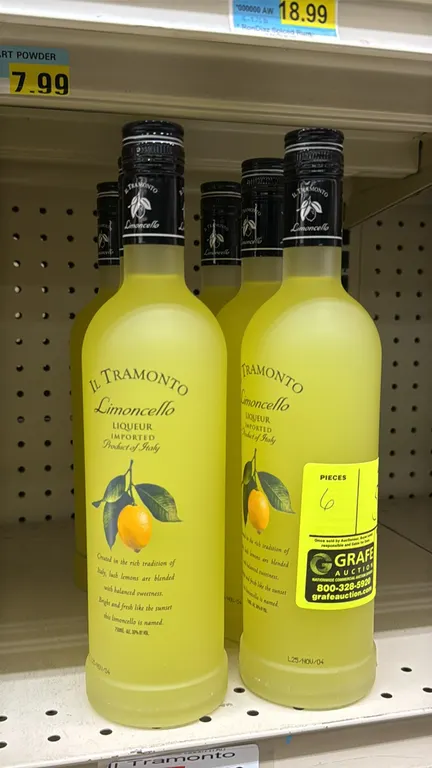 Il Tramonto Limoncello liqueur bottles. 750ml each. 30% alc/vol (60 proof). Product of Italy. Liquor can only be picked up and removed by the register