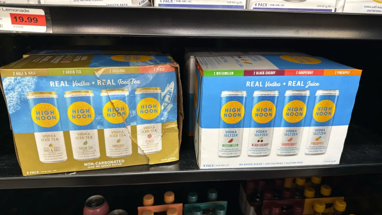 High Noon vodka seltzer and iced tea 8-packs. Features 355 ml cans in assorted flavors including Vodka Iced Tea (Half & Half, Green Tea, Original, Pea