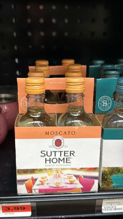 Sutter Home 187ml 4-pack wine bottles. Assortment includes (2) Moscato, (2) Pinot Grigio, (3) Cabernet Sauvignon, and (4) Chardonnay. Liquor can only