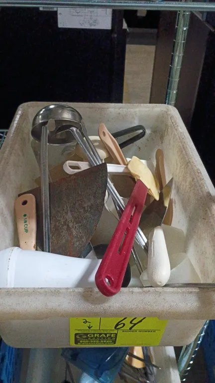 Assorted kitchen utensils Ladel,scraper spatula, Tongs,and Ice scoop