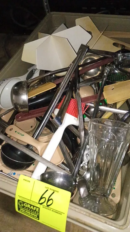 Assorted Kitchen utensils Ladels, Tongs,and Poly Measuring spoons