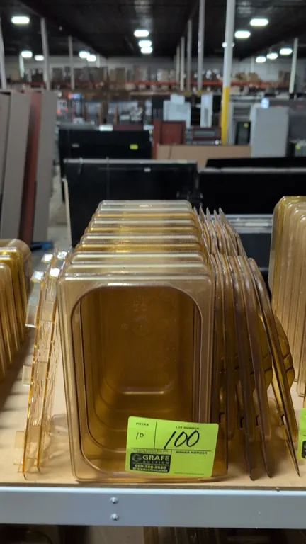 ¼ size (6" depth) Rubbermaid poly amber insert pans with (10) lids and (2) serrated attachments