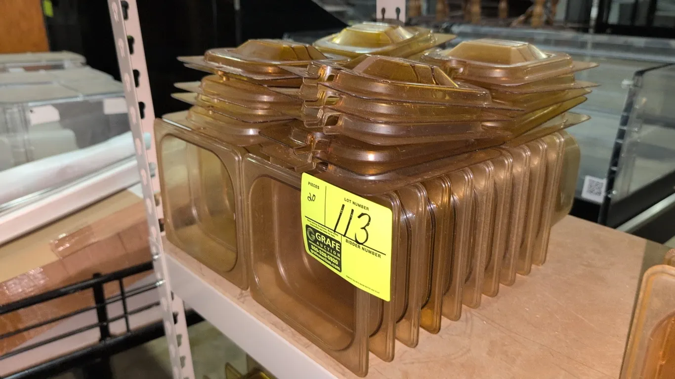 ⅙ size (4" depth) Rubbermaid poly amber insert pans with (20) lids