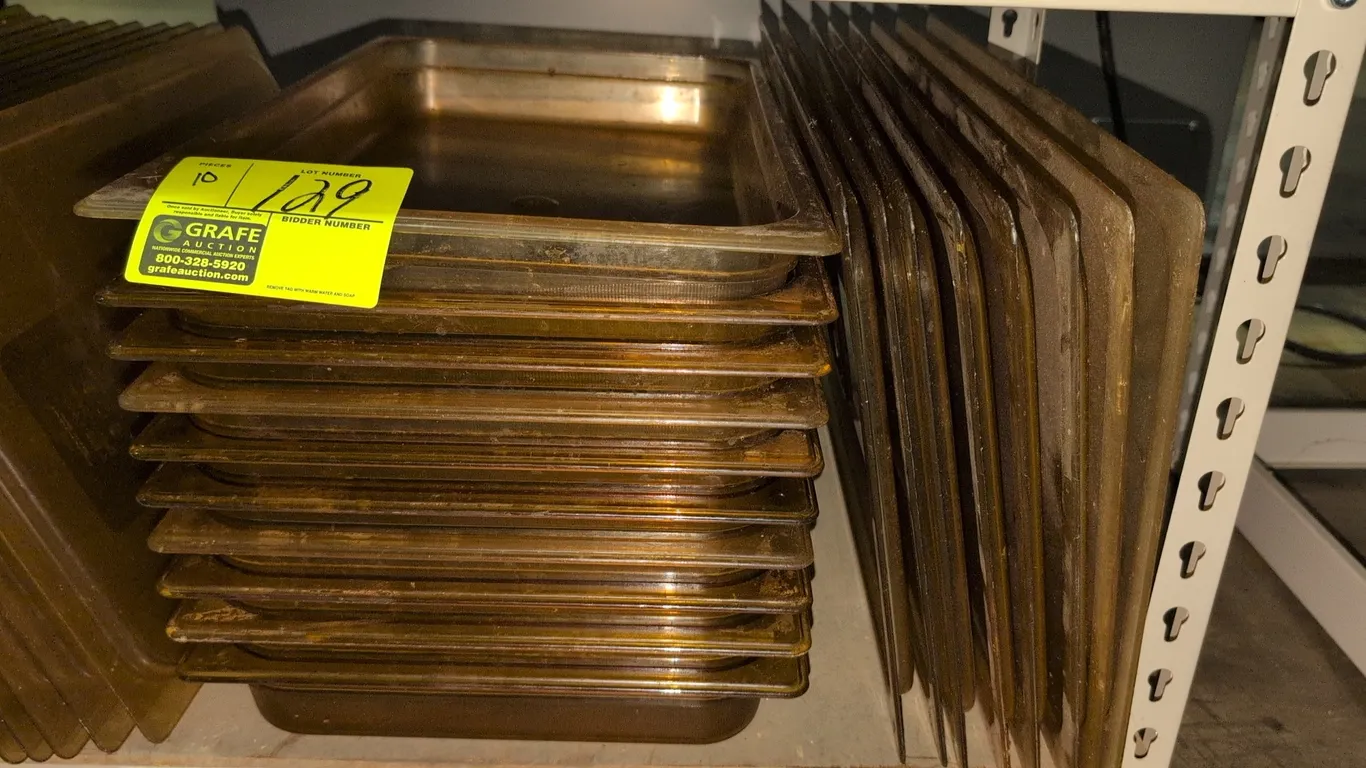 ½ size (6" depth) Rubbermaid poly amber insert pans with (10) lids