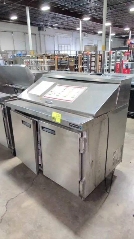 45" Wasserstrom (SN: N558995-001-001), Stainless steel portable self contained prep cooler with 2 door under refrigerator and assorted ceramic dishes,