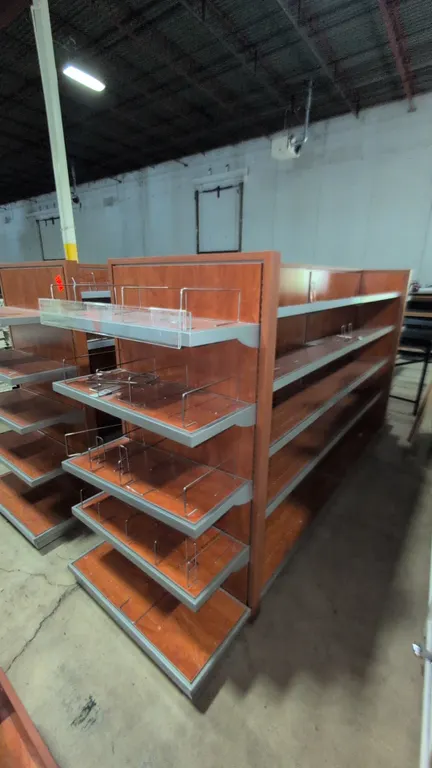 128"x35"x66" Metal and laminate wood portable 4 sided merchandise rack