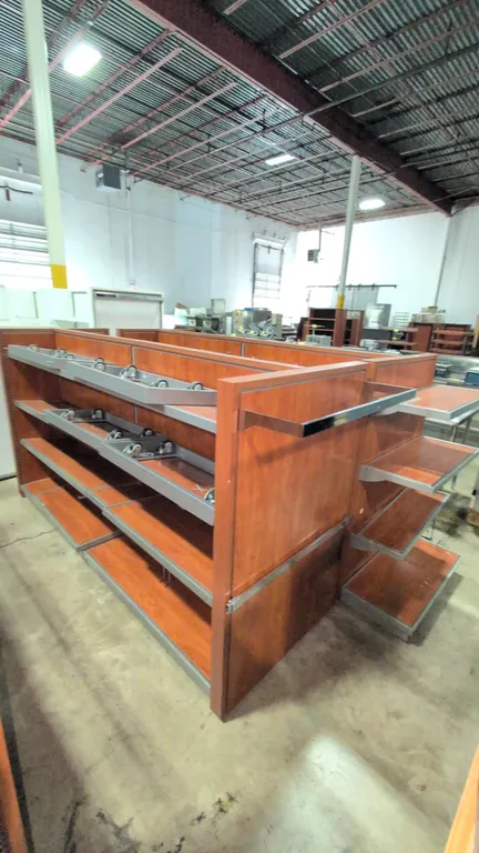 111"x35"x56" Laminate wood and metal portable 4 sided merchandise rack with metal dollies and additional shelves